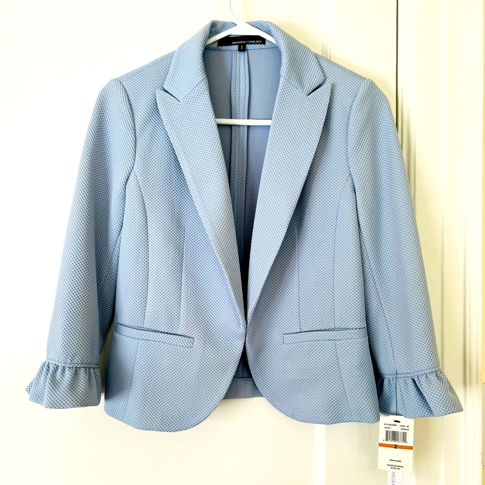 NEW Amanda & Chelsea – Ruffle Sleeve Solid Blazer Zen Blue Size 2